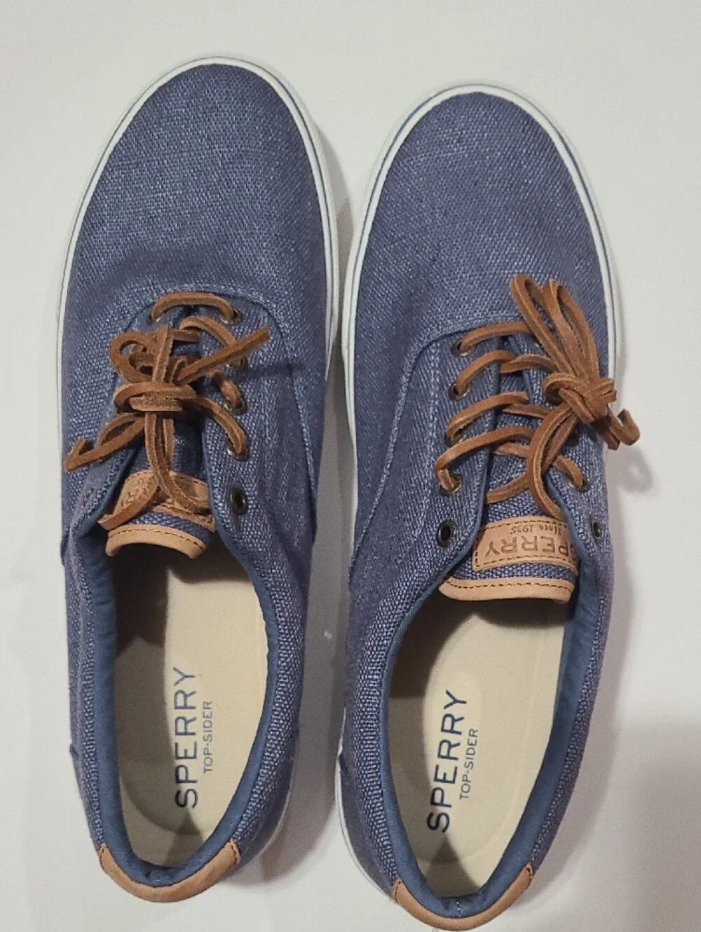 Sperry Blue Canvas Boat Shoes with Tan Leather Trim